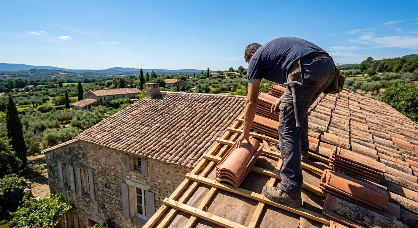 Artisan couvreur réalisant une installation de toiture professionnelle à Béziers